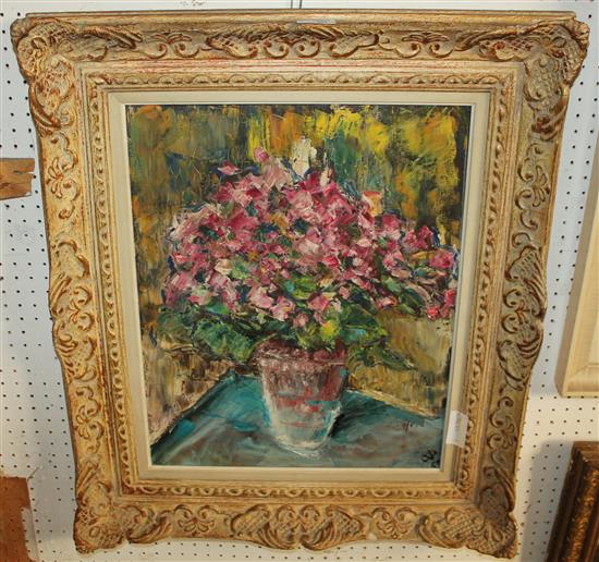 Valerie Diederich- Oil on canvas, still life vase, pink flowers